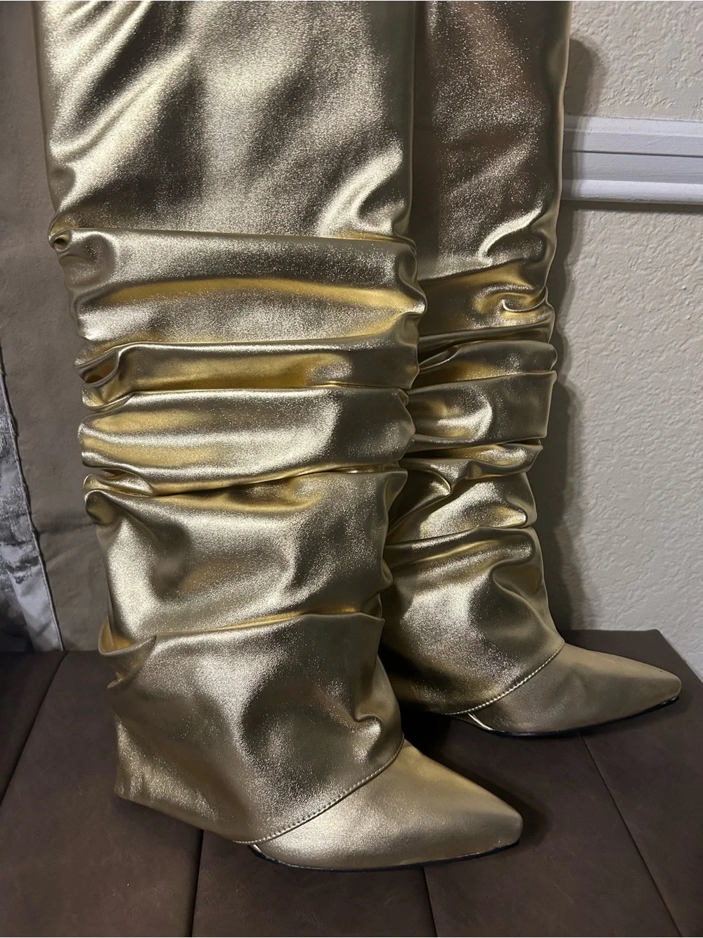 Azalea Wang Gold Metallic Ruched Wedge Knee Boot